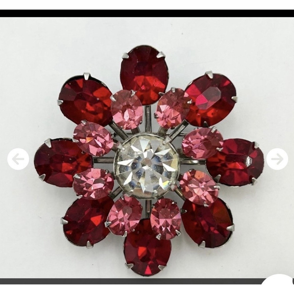 Vintage Signed Coro Brooch Pin Layered Red Pink And Clear Stones